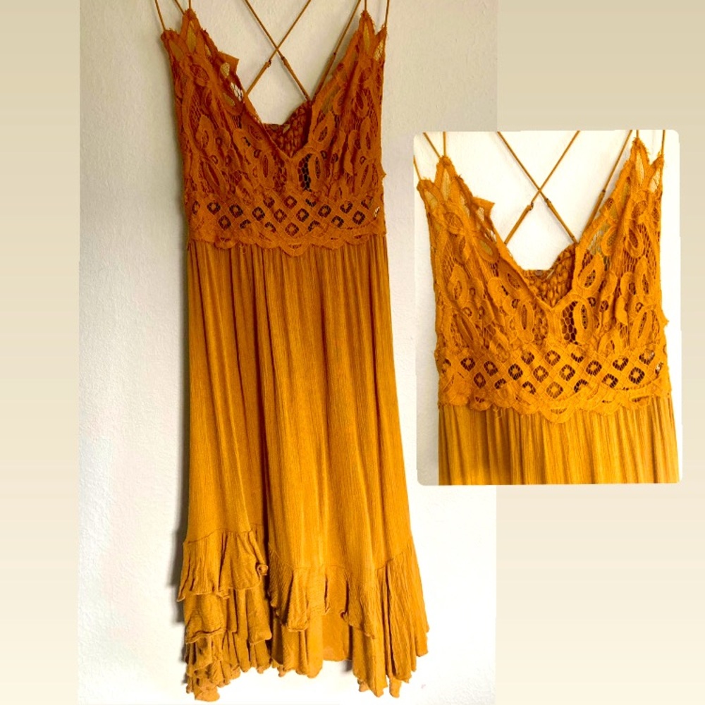 Free people sundress whimsical ruffle gypsy Adella Mustard yellow